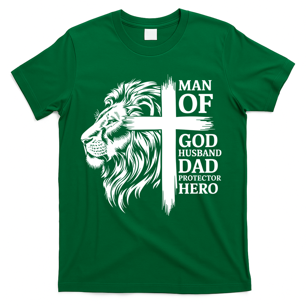Man Of God Husband Daddy Protector Hero Dad Lion Jesus Cross T-Shirt