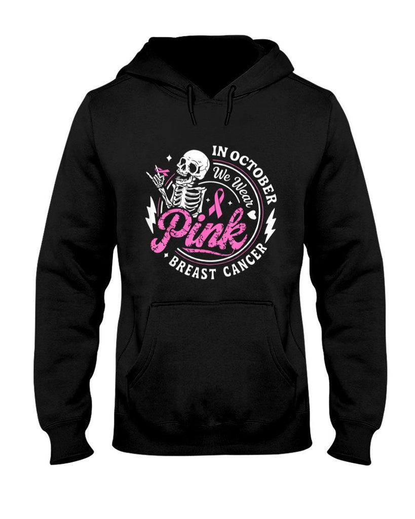 in October We Wear Pink Skeleton Breast Cancer Awareness T-Shirt