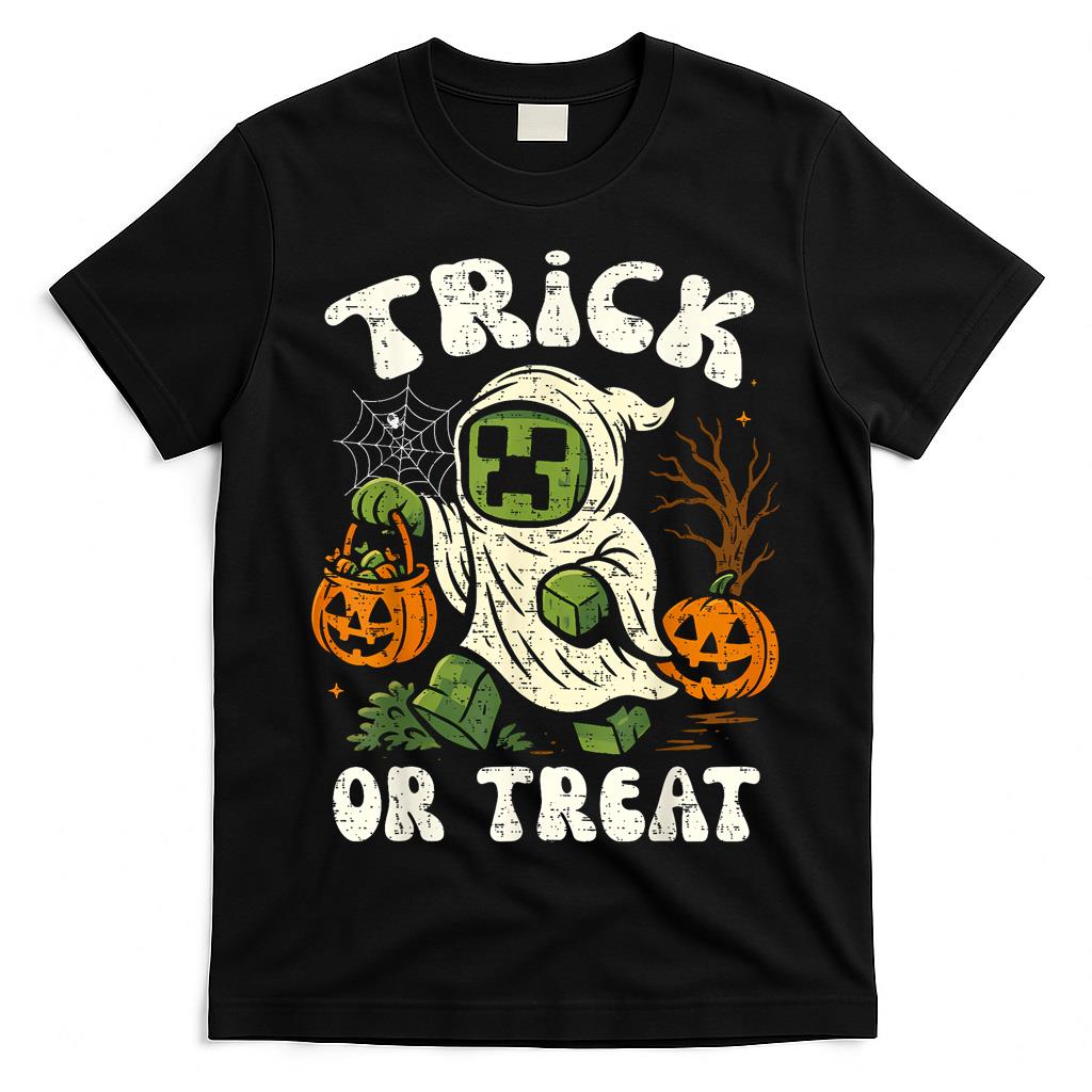 Funny Halloween Gamer Pixel Kids Trick or Treat Pumpkin T-Shirt
