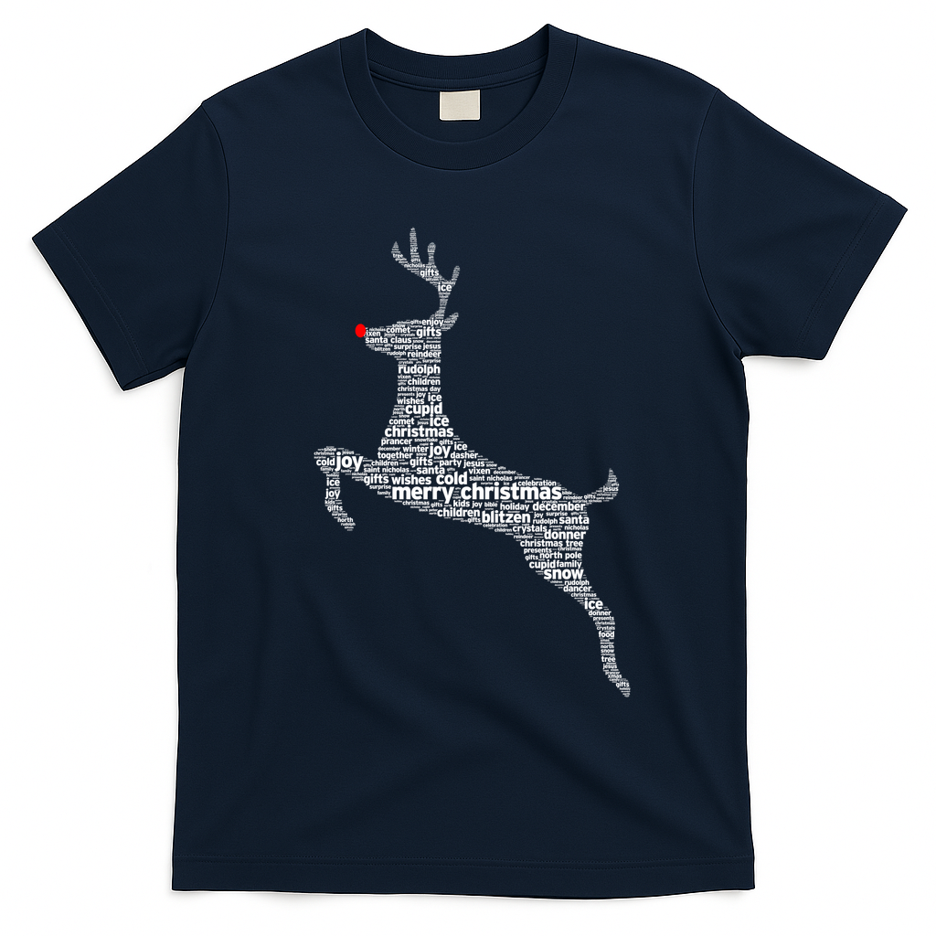 Wordy Reindeer Christmas T-Shirt - Navy Blue