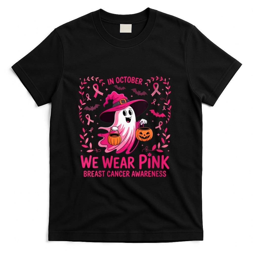 Womens In October We Wear Pink Breast Cancer Awareness Halloween V-Neck T-Shirt