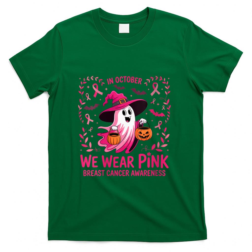 Womens In October We Wear Pink Breast Cancer Awareness Halloween V-Neck T-Shirt