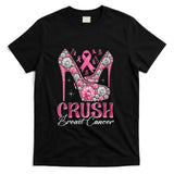 Womens Crush Breast Cancer Awareness Bling Pink Ribbon High Heel V-Neck T-Shirt