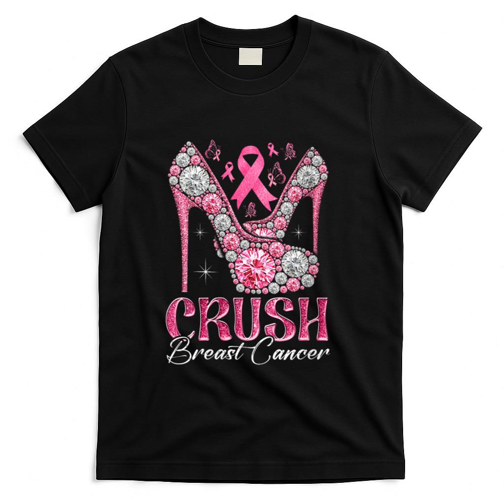 Womens Crush Breast Cancer Awareness Bling Pink Ribbon High Heel V-Neck T-Shirt