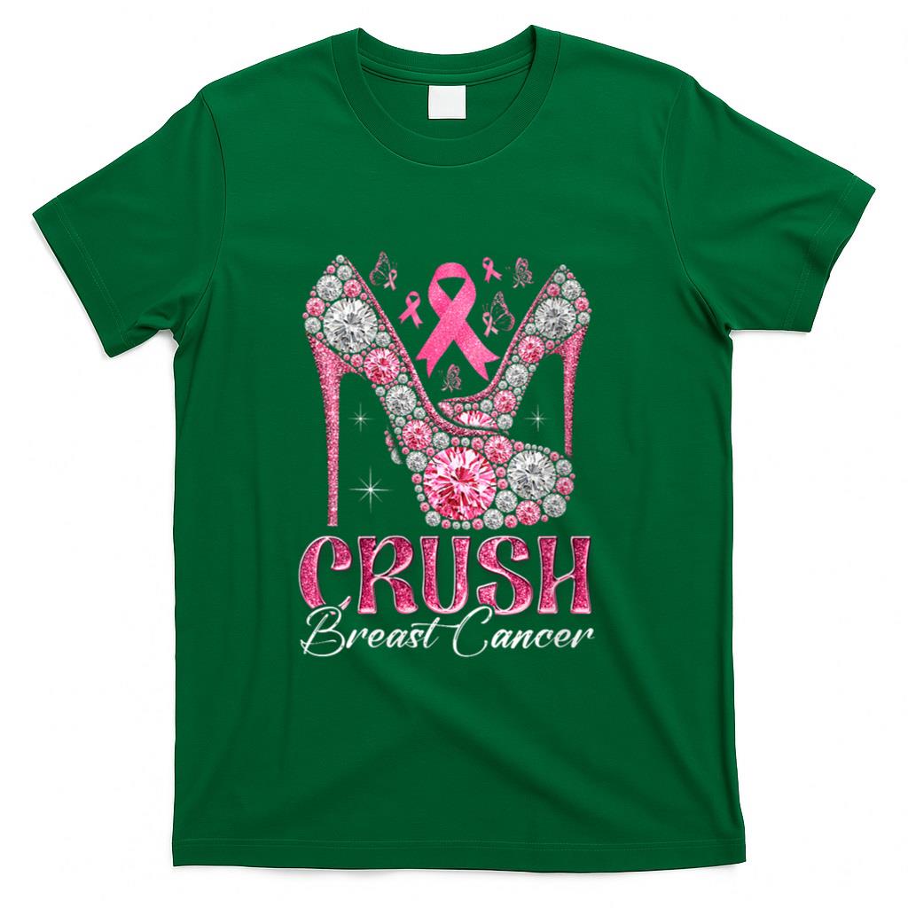 Womens Crush Breast Cancer Awareness Bling Pink Ribbon High Heel V-Neck T-Shirt
