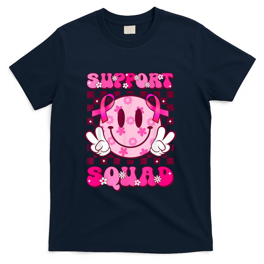 Groovy Smile Face Pink Ribbon Support Squad Breast Cancer T-Shirt