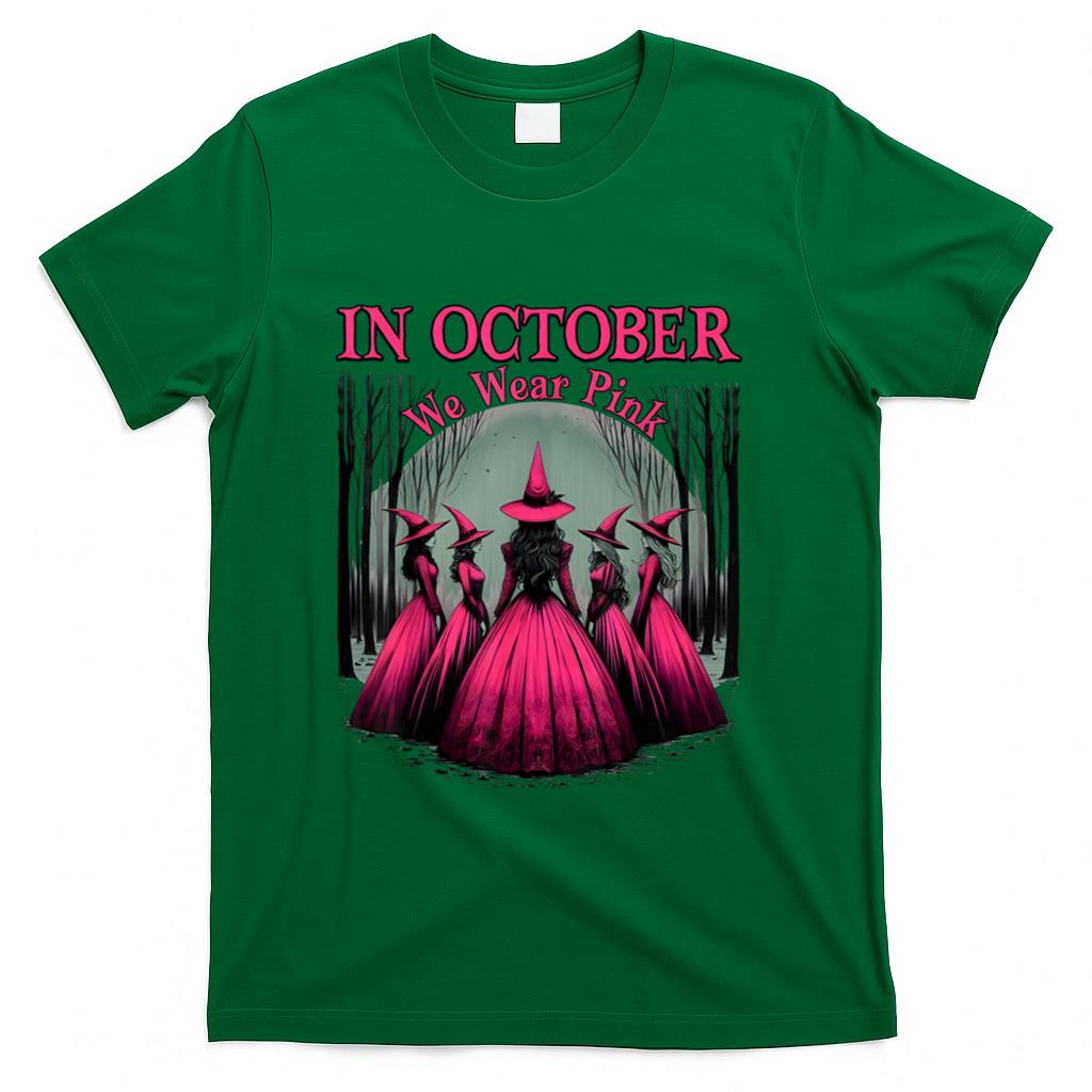 in October We Wear Pink Witch Halloween Breast Cancer Women T-Shirt_1