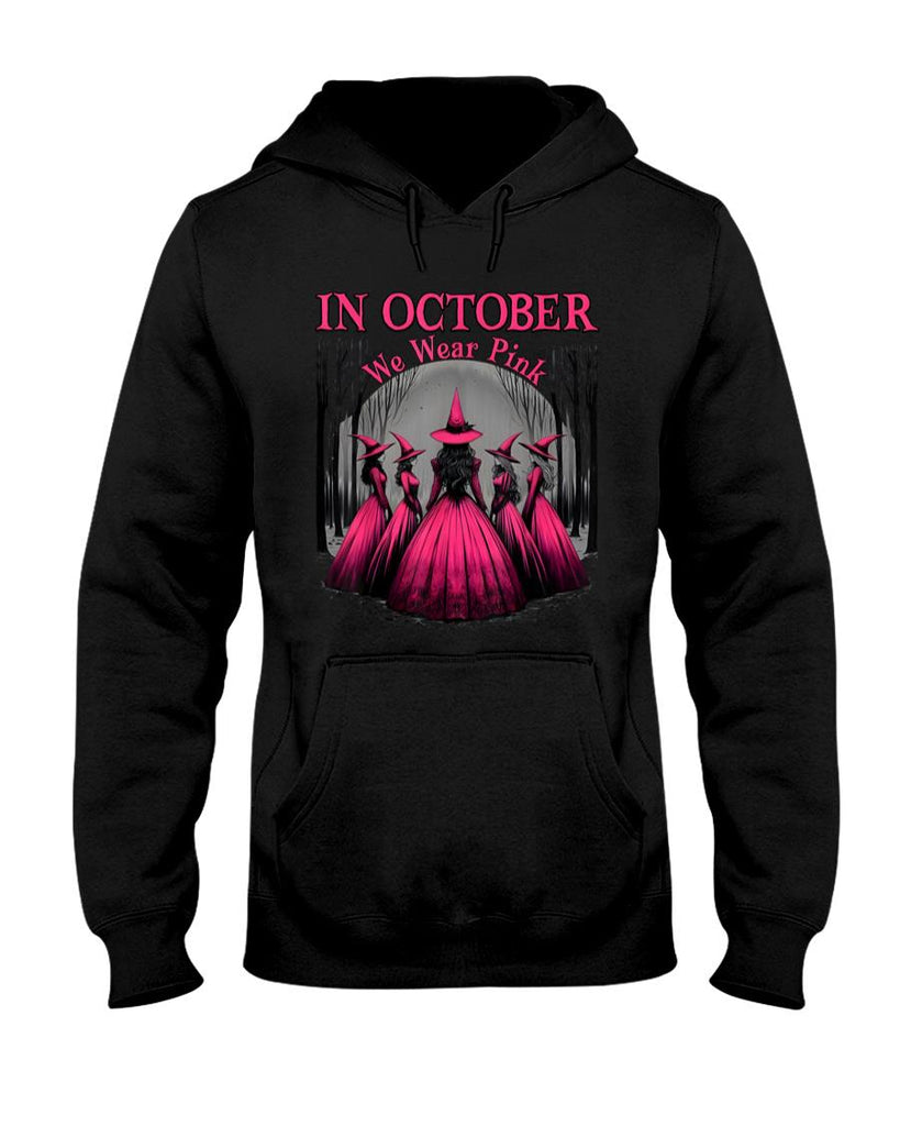 in October We Wear Pink Witch Halloween Breast Cancer Women T-Shirt_1