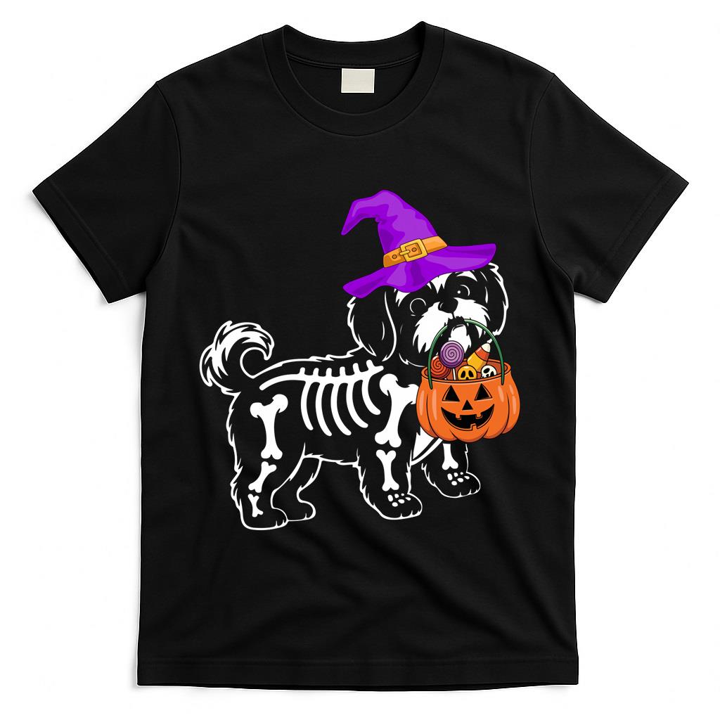 Shih Tzu Dog Halloween Spooky Skeleton Trick or Treat Long Sleeve T-Shirt