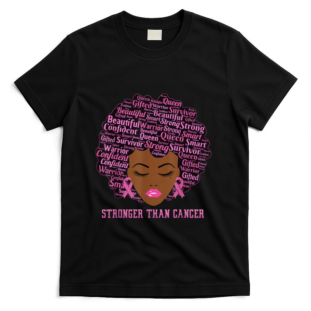 Black Women Queen Stronger Than Breast Cancer Pink Ribbon T-Shirt