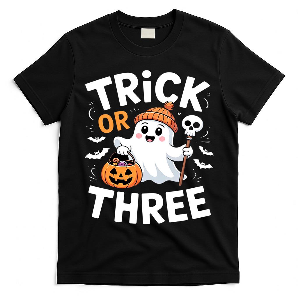 Kids Trick or Three Halloween Spooky Pumpkin 3rd Birthday Kids Essential T-Shirt