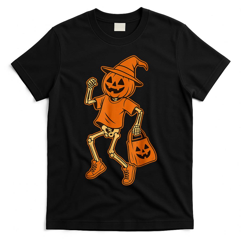 Pumpkin Head Skeleton Trick Or Treat Halloween Party Kids T-Shirt
