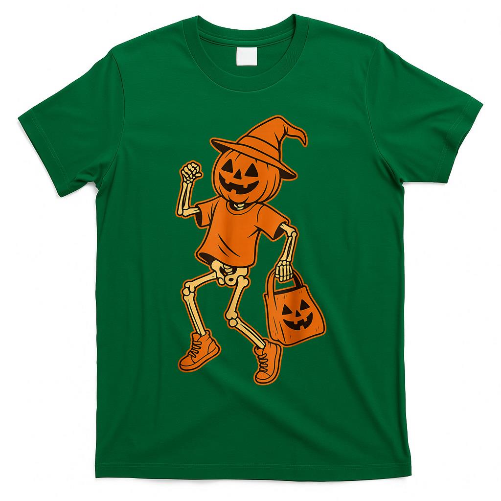 Pumpkin Head Skeleton Trick Or Treat Halloween Party Kids T-Shirt