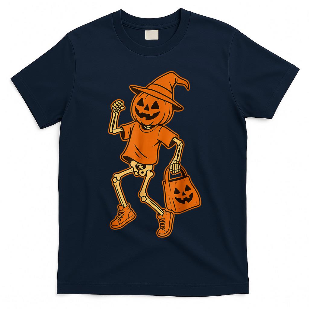 Pumpkin Head Skeleton Trick Or Treat Halloween Party Kids T-Shirt