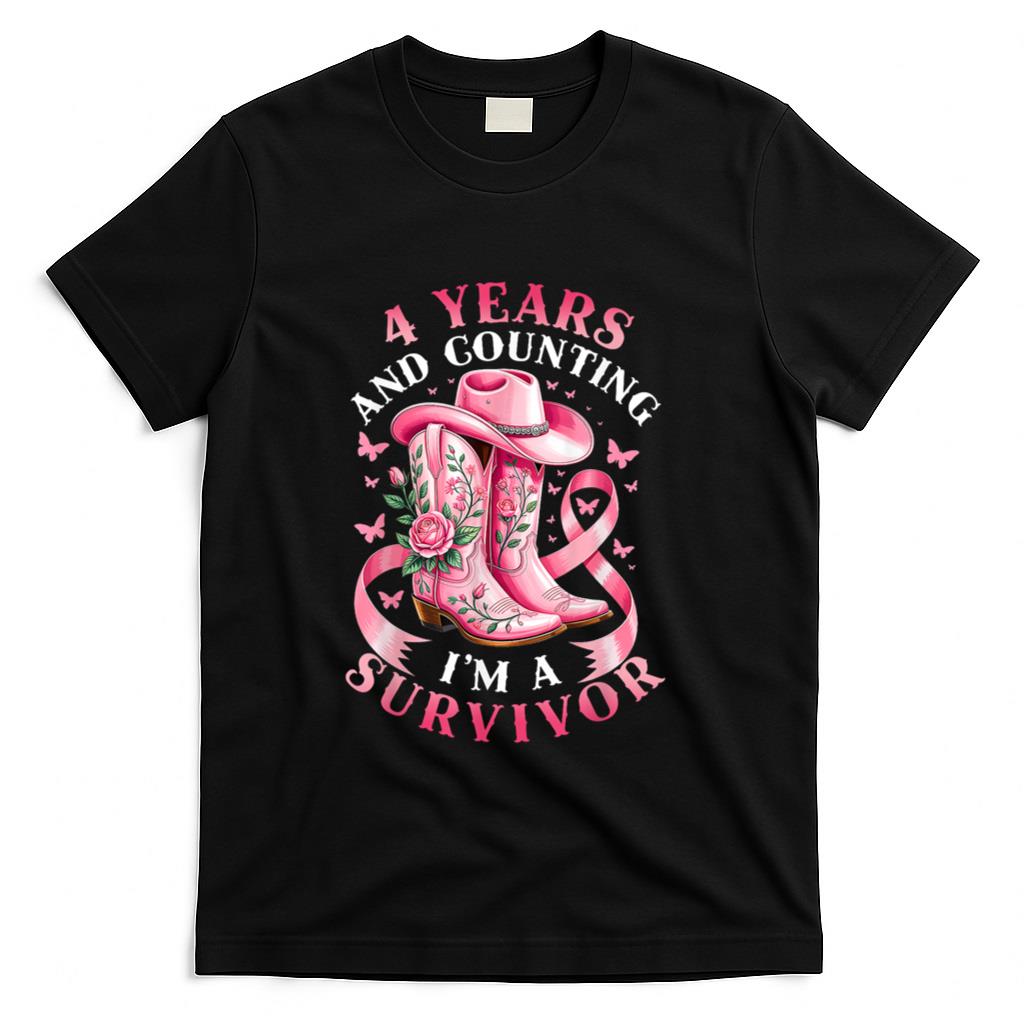 Breast Cancer 4 Years Survivor Pink Ribbon Cowgirl Gift T-Shirt