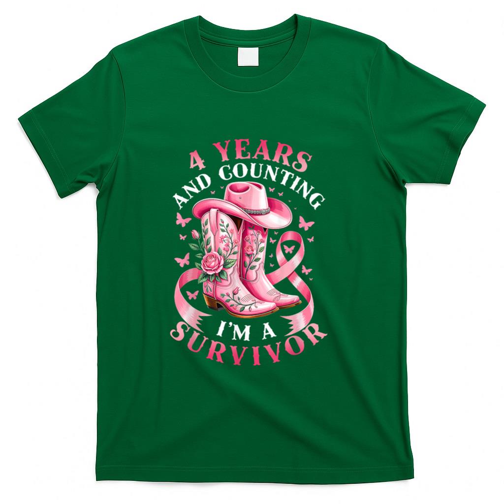 Breast Cancer 4 Years Survivor Pink Ribbon Cowgirl Gift T-Shirt