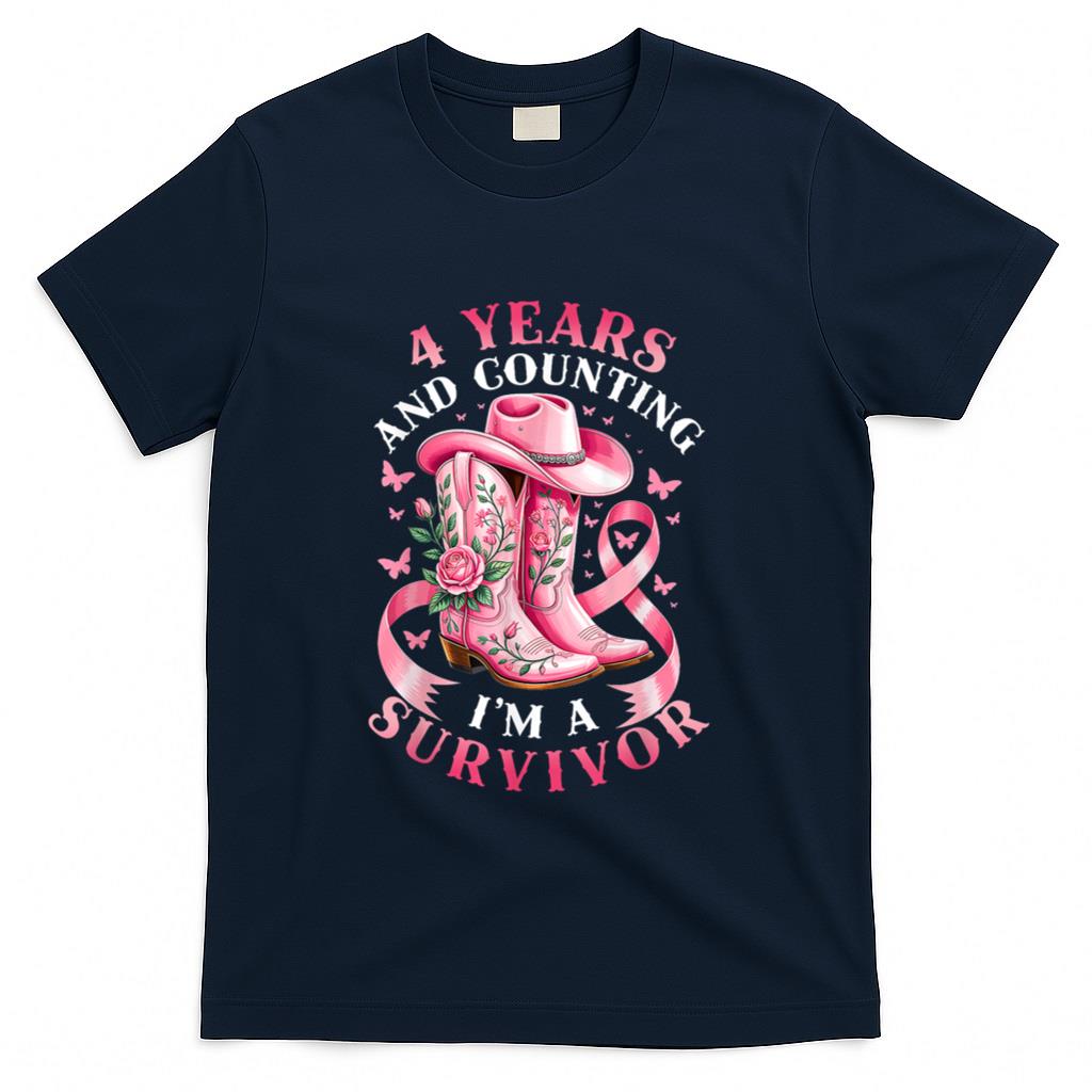 Breast Cancer 4 Years Survivor Pink Ribbon Cowgirl Gift T-Shirt