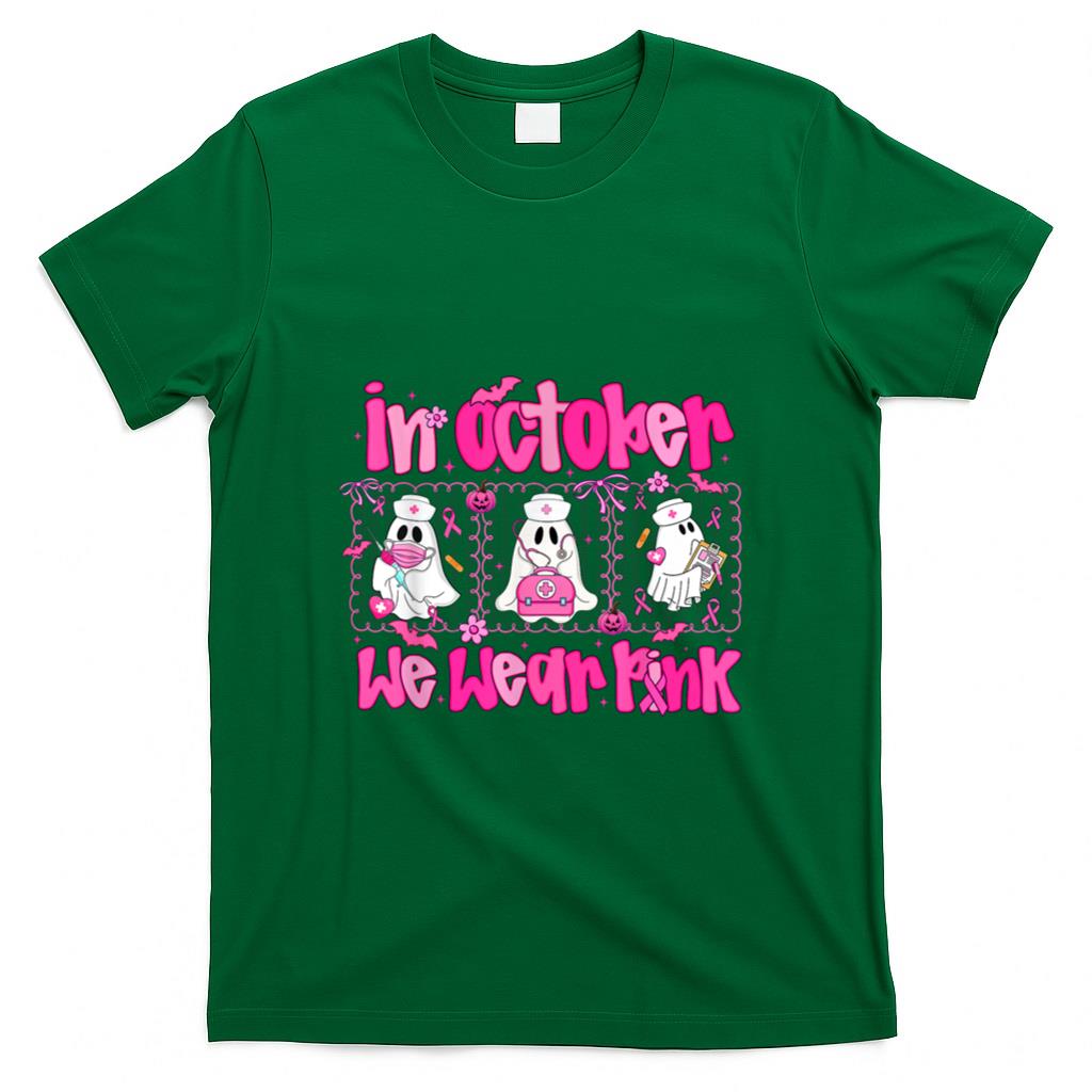 In October We Wear Pink Nurse Ghost Halloween Breast Cancer T-Shirt