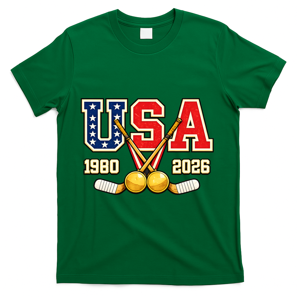 1980 And 2026 Hockey Vintage USA Champions T-Shirt - Green