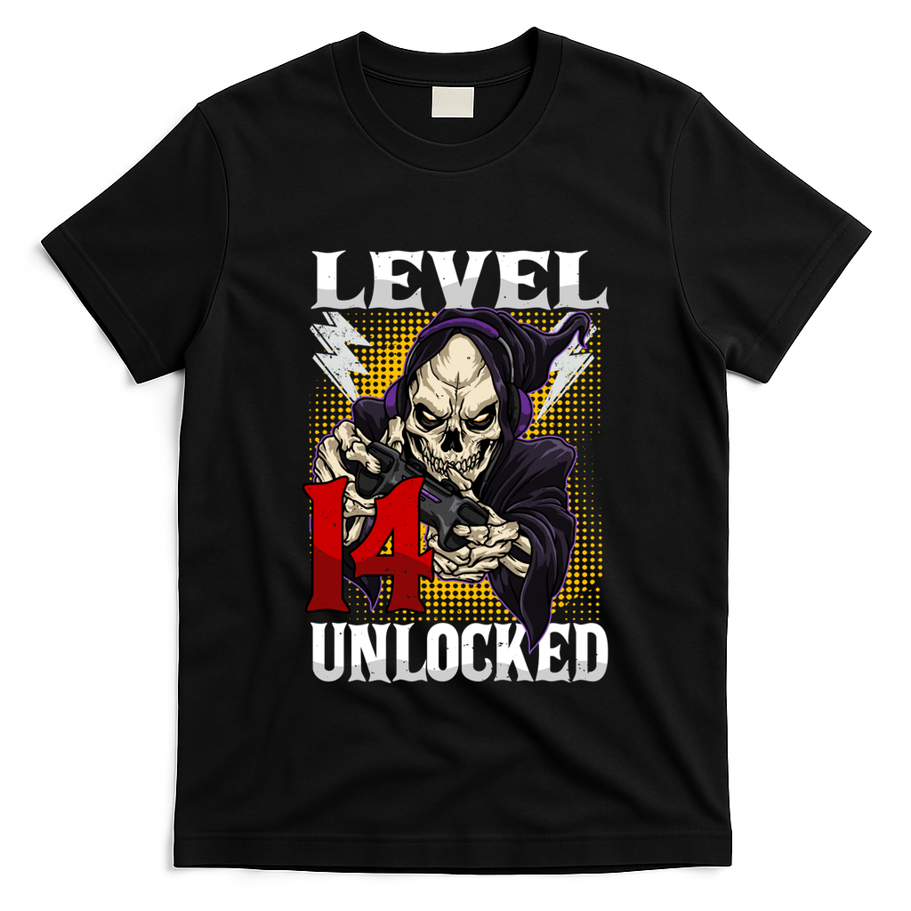 14th Birthday Gamer Skeleton Level 14 Unlocked Gaming Gift T-Shirt