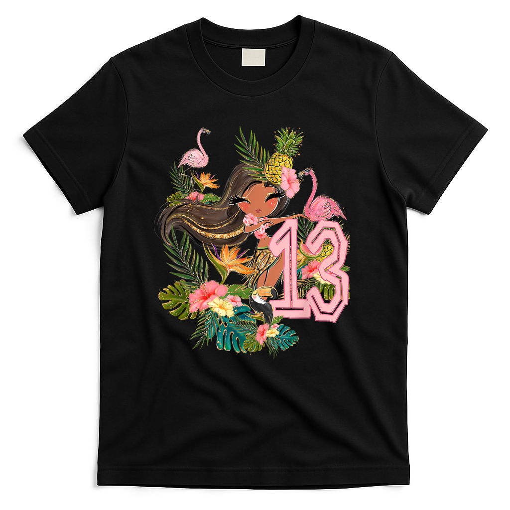 13th Birthday Tiki Party Pool Summer Hula Hawaiian Luau Friend T-Shirt - Black