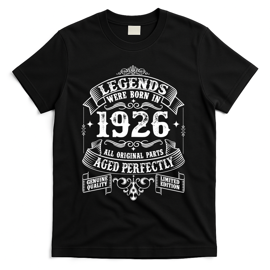 100th Birthday Vintage Scroll Border Legends Were Born Age Perfectly 1926 T-Shirt - Black