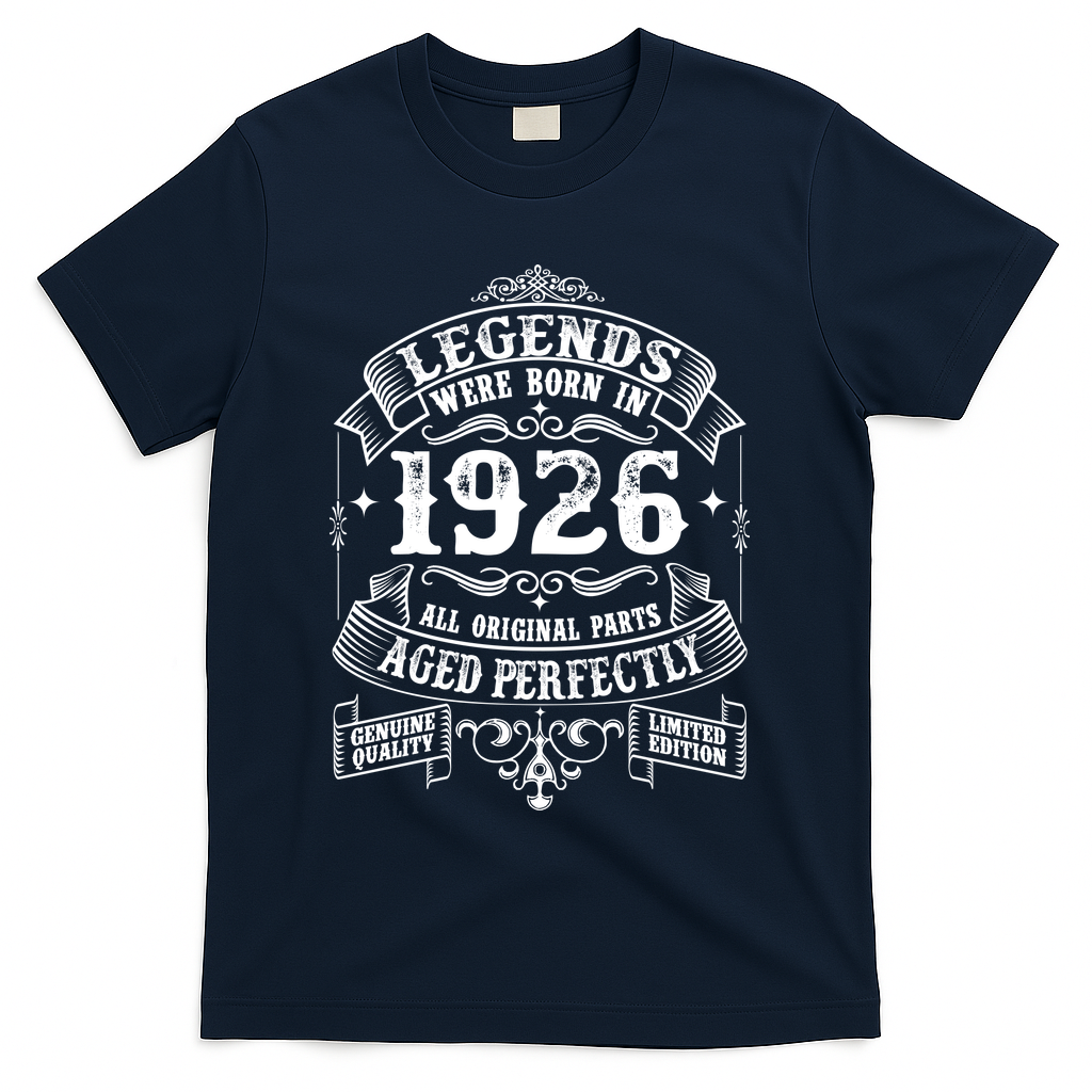 100th Birthday Vintage Scroll Border Legends Were Born Age Perfectly 1926 T-Shirt - Navy