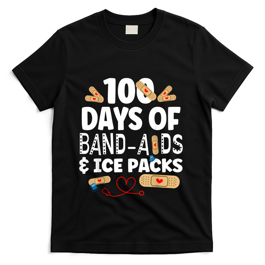 100 Days Band Aids & Ice Packs Nurse 100 Days Of School T-Shirt - Black