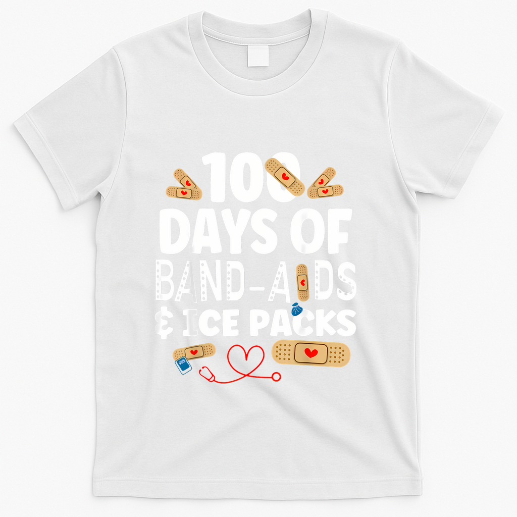 100 Days Band Aids & Ice Packs Nurse 100 Days Of School T-Shirt - White