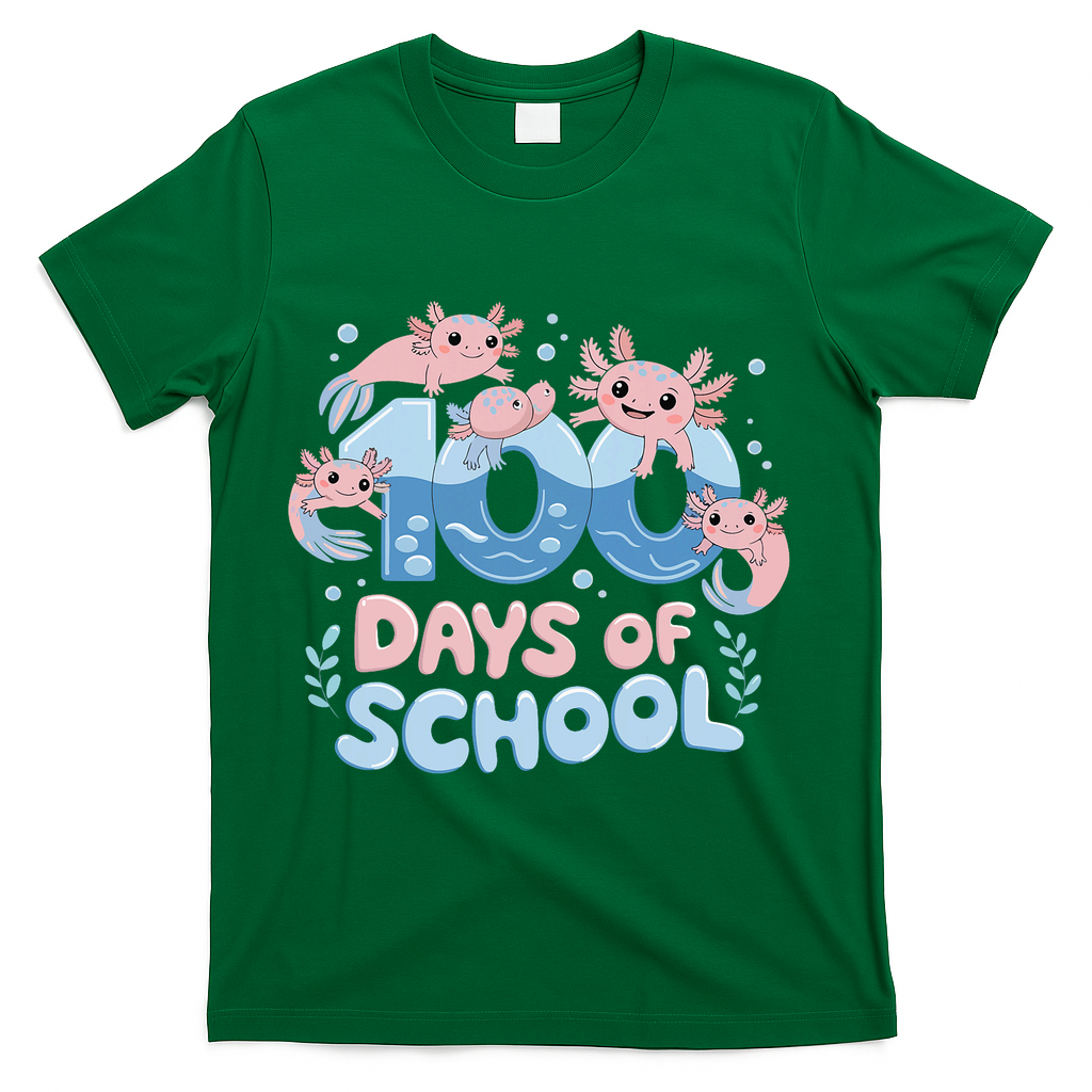 100 Days Of School Axolotl Teacher T-Shirt - Green