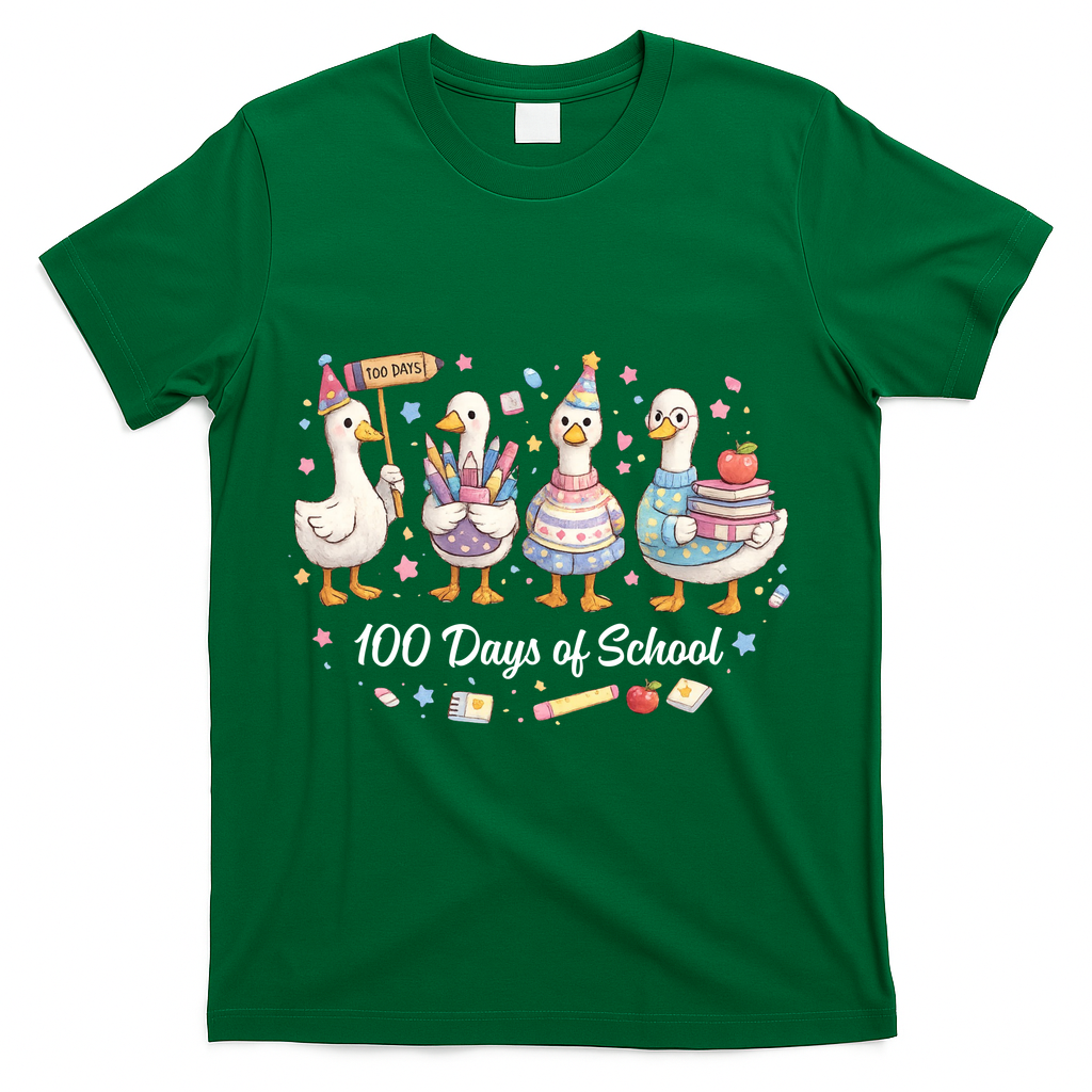 100 Days Of School Ducks Ducks Goose Teacher Student T-Shirt - Green