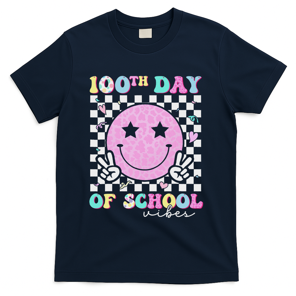 100th Day Of School Vibes Cute Groovy 100 Days Of School T-Shirt - Navy