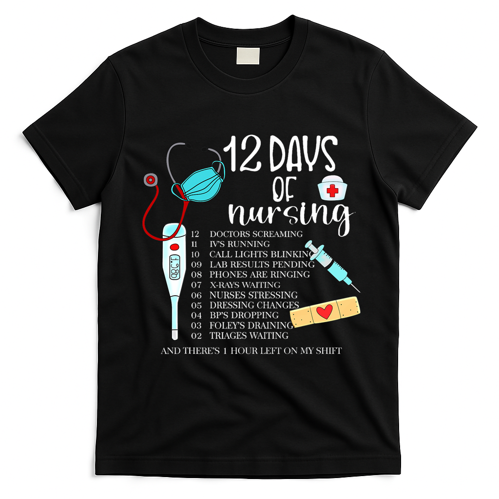 12 Days Of Nursing Funny Nurse Christmas Cute Xmas T-Shirt - Black