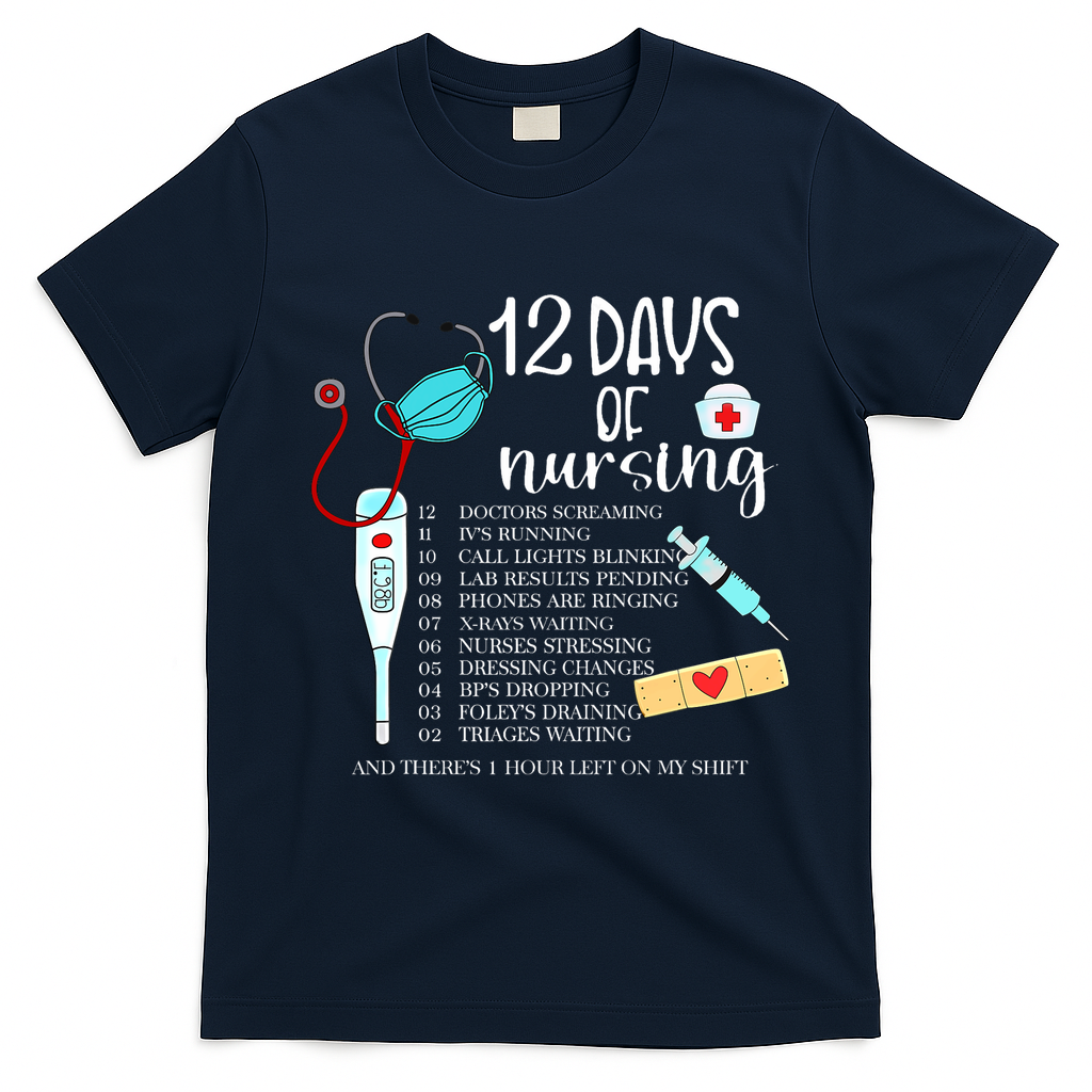 12 Days Of Nursing Funny Nurse Christmas Cute Xmas T-Shirt - Navy Blue