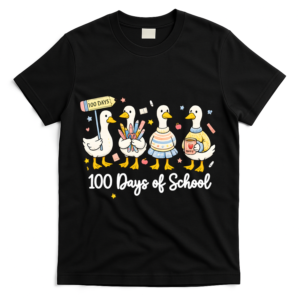 100 Days Of School Ducks Cute Goose Teacher 100th Day T-Shirt - Black