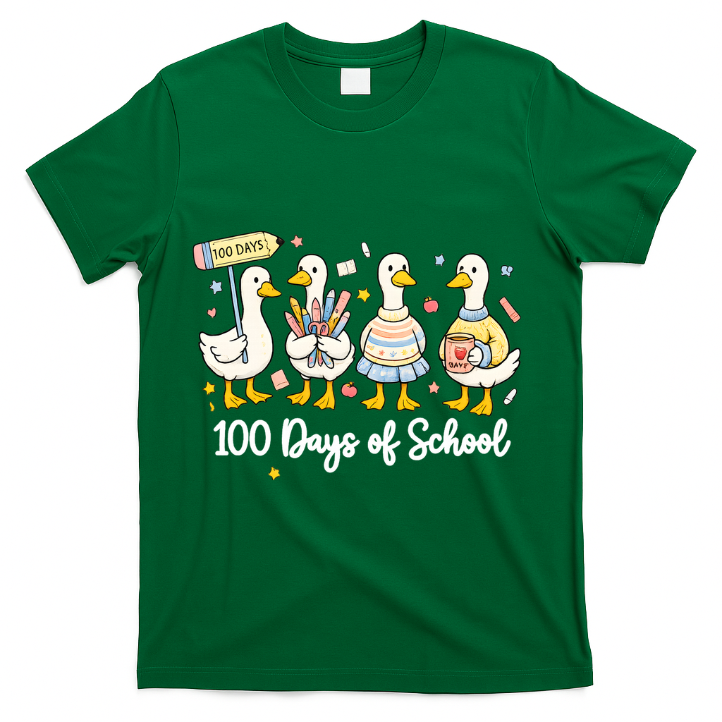 100 Days Of School Ducks Cute Goose Teacher 100th Day T-Shirt - Green