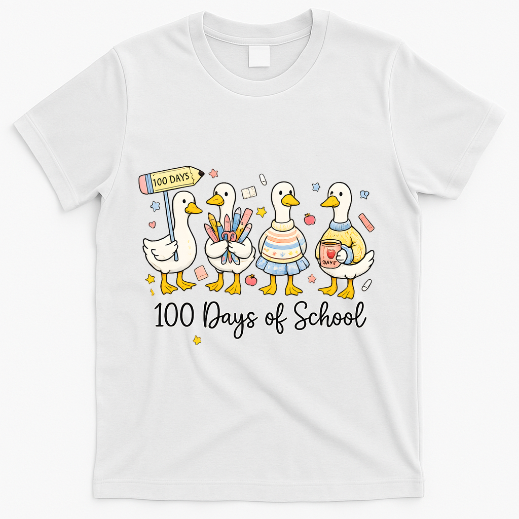 100 Days Of School Ducks Cute Goose Teacher 100th Day T-Shirt - White