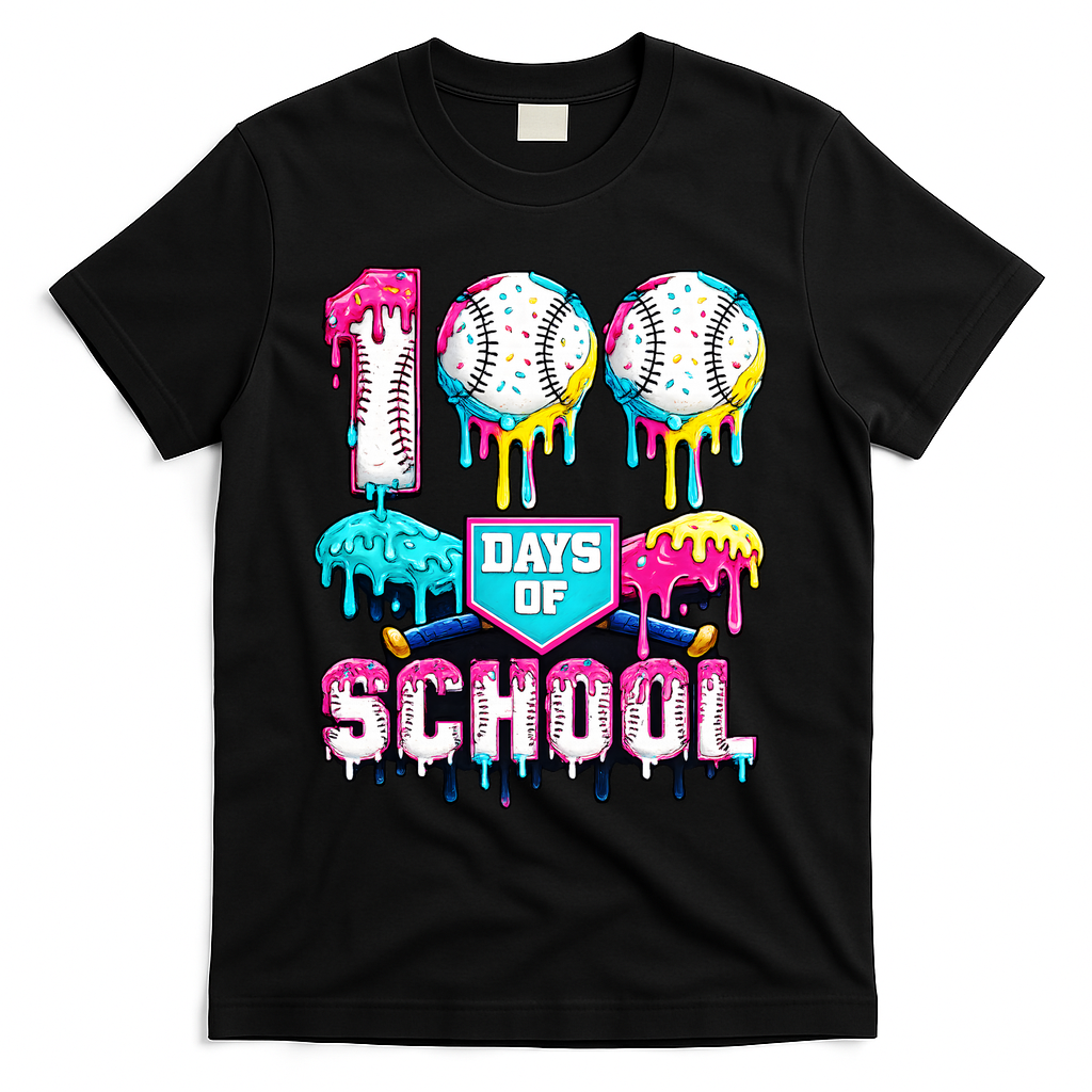 100 Days Of School 100th Day Ice Cream Drip Baseball T-Shirt - Black