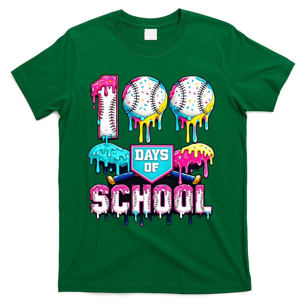 100 Days Of School 100th Day Ice Cream Drip Baseball T-Shirt - Green