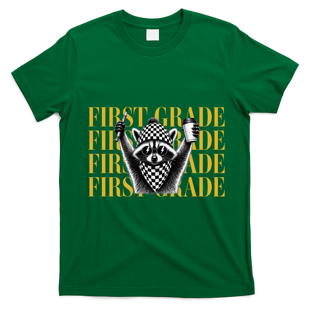 1st First Grade Raccoon Back To School T-Shirt - Irish Green