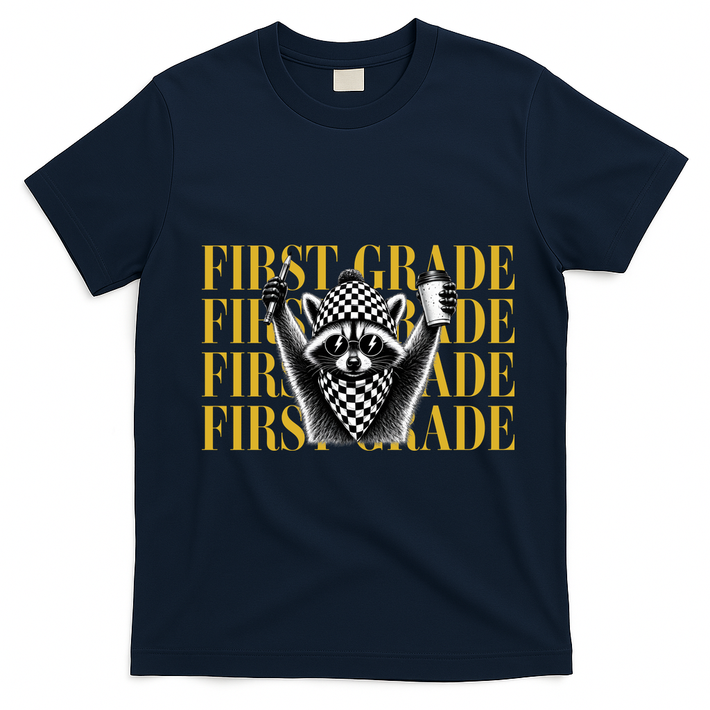 1st First Grade Raccoon Back To School T-Shirt - Navy Blue