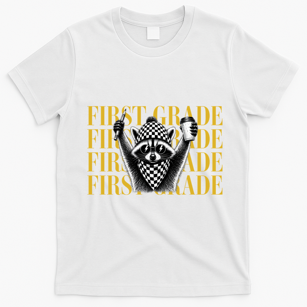 1st First Grade Raccoon Back To School T-Shirt - White