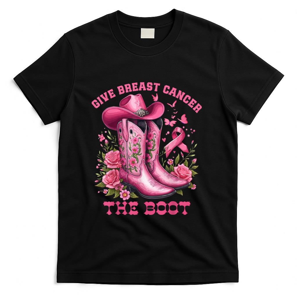 Give Breast Cancer The Boot Cowgirl Cancer Awareness Ribbon T-Shirt
