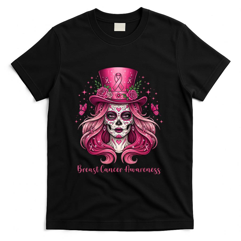 Skull Breast Cancer Awareness Skeleton Women Pink Ribbon T-Shirt