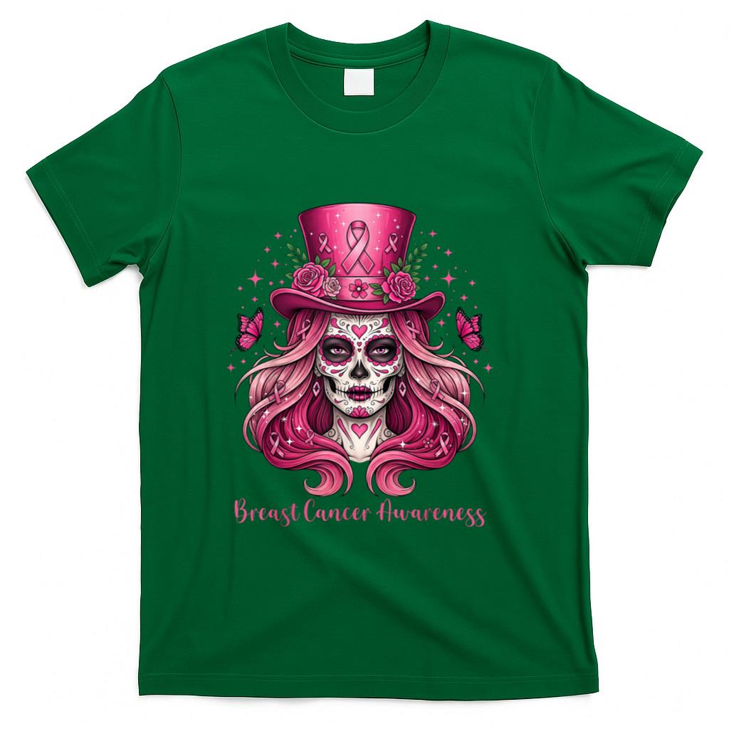 Skull Breast Cancer Awareness Skeleton Women Pink Ribbon T-Shirt