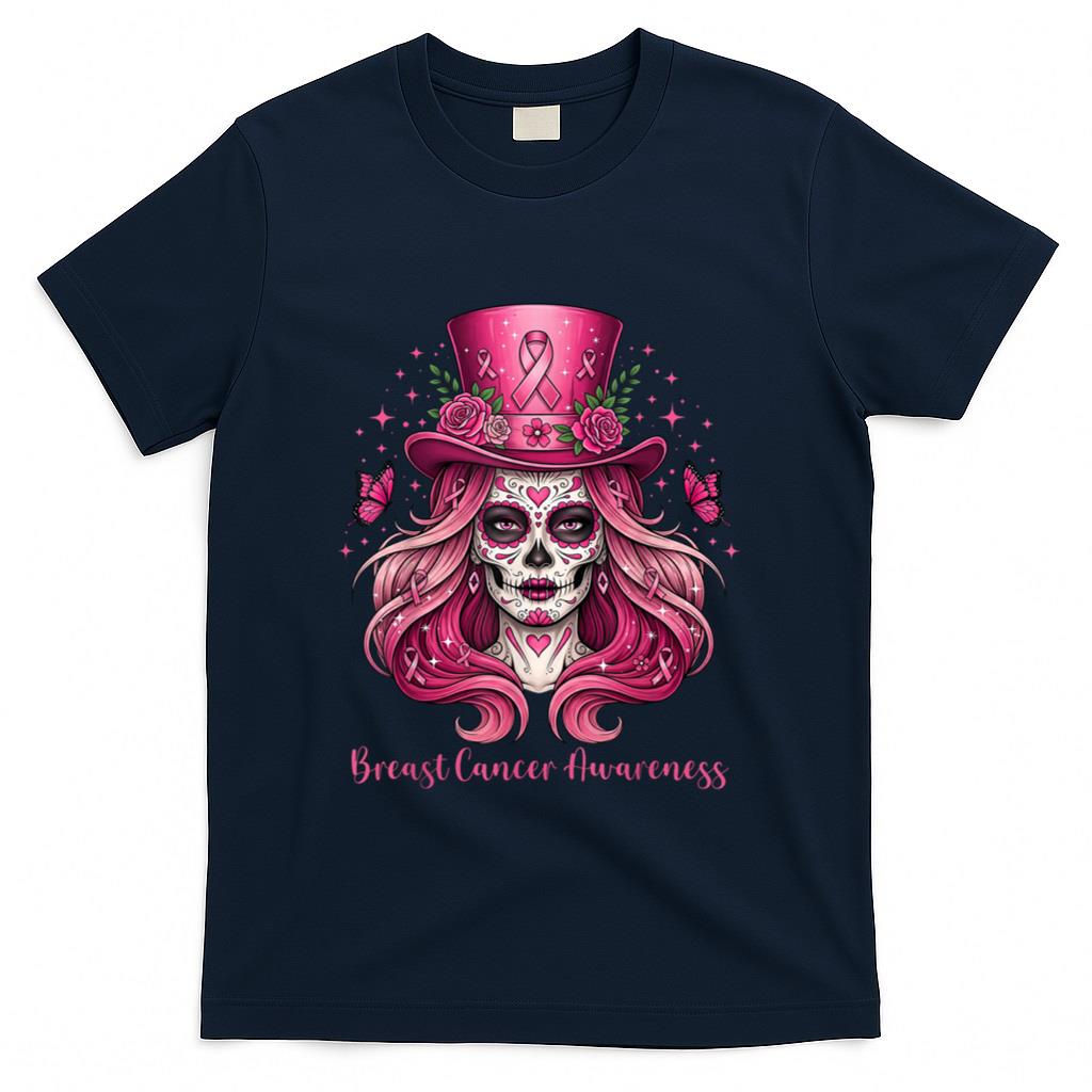 Skull Breast Cancer Awareness Skeleton Women Pink Ribbon T-Shirt