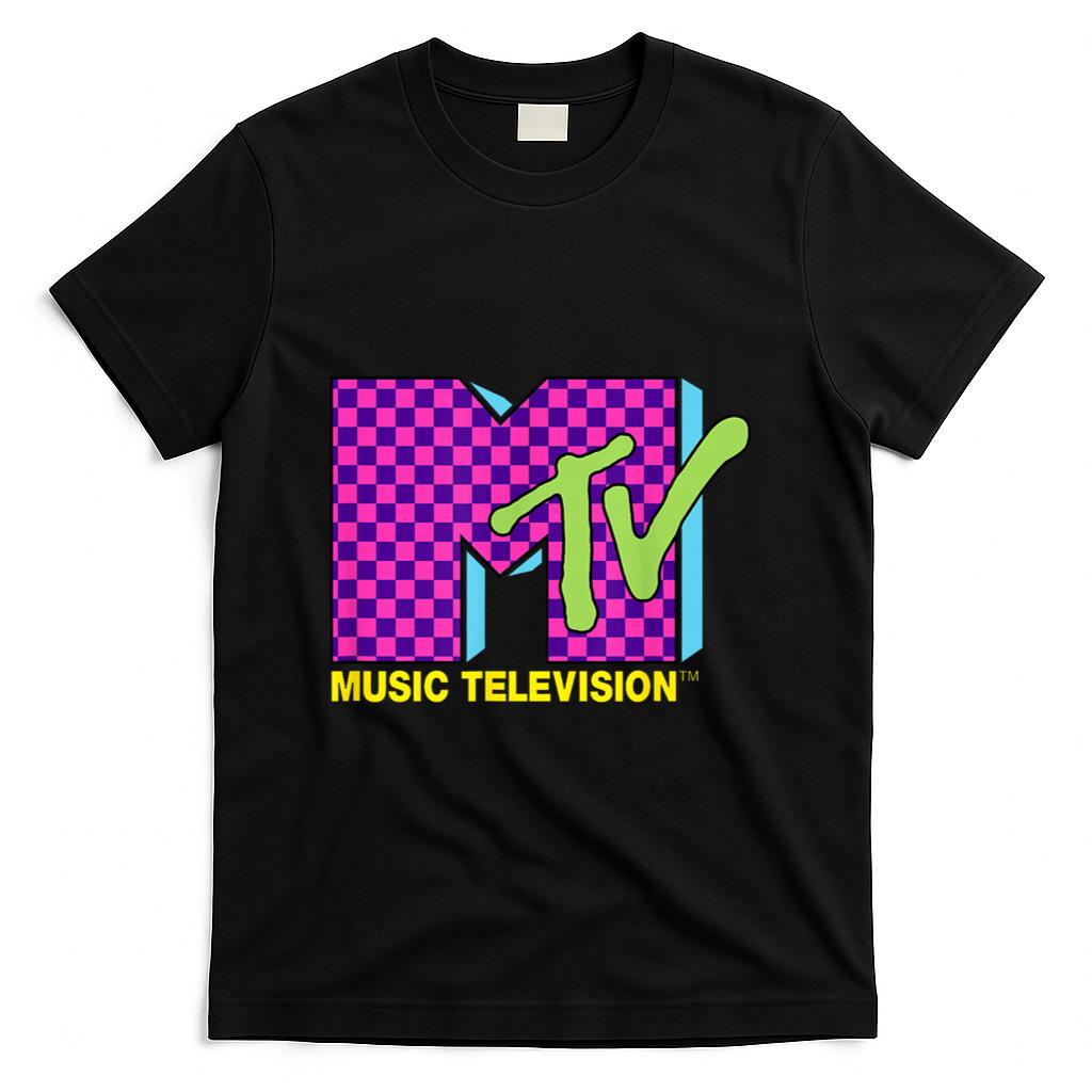 Retro Nostalgia - MTV Music Television Retro 80's Neon Pink Checkerboard Logo T-Shirt