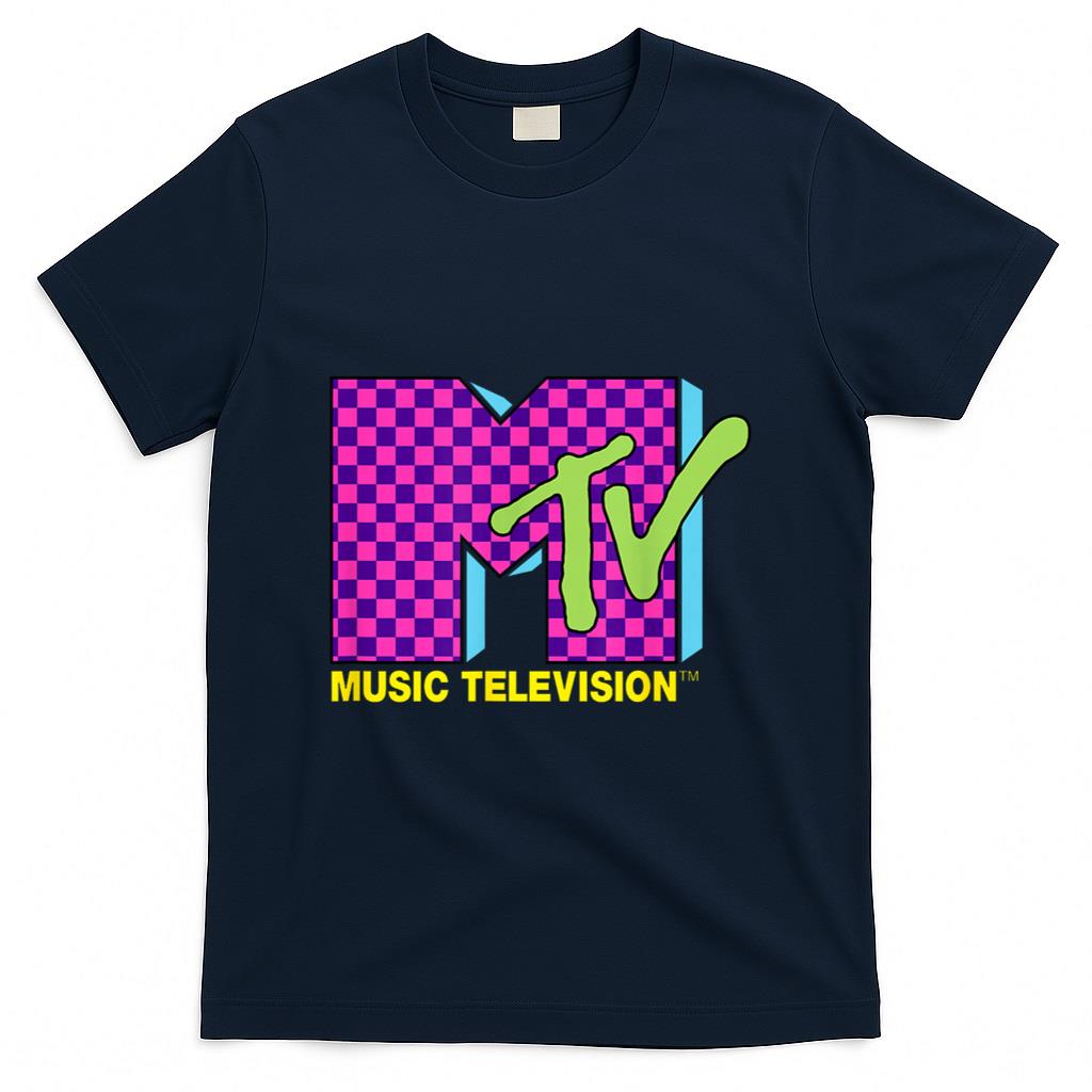 Retro Nostalgia - MTV Music Television Retro 80's Neon Pink Checkerboard Logo T-Shirt