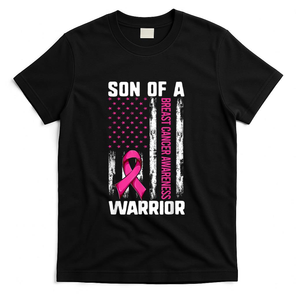 Mom Son Of A Warrior USA Flag Breast Cancer Support Women Kids Men T-Shirt