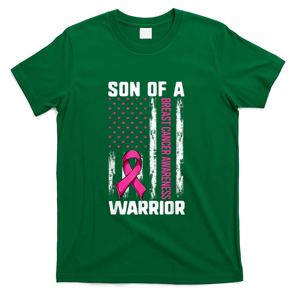 Mom Son Of A Warrior USA Flag Breast Cancer Support Women Kids Men T-Shirt